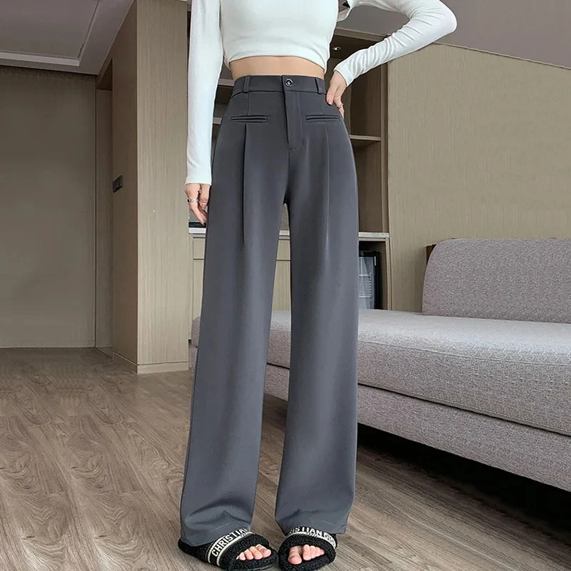 

2024 Spring Autumn Women High Waist Suit Pants Casual Button Office Korean Fashion Ladies Loose Straight Wide Leg Trousers