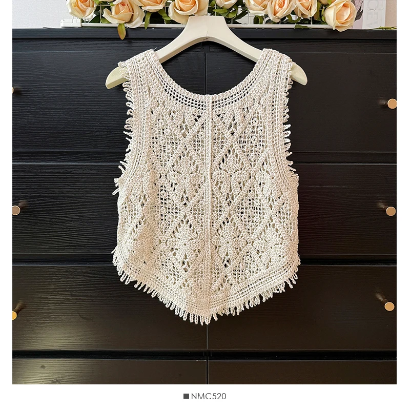 Women's Bohemia Knit Tank Vest Hollowed-out Crochet Tassel Crop Tops Summer Vintage Sleeveless Short Vest