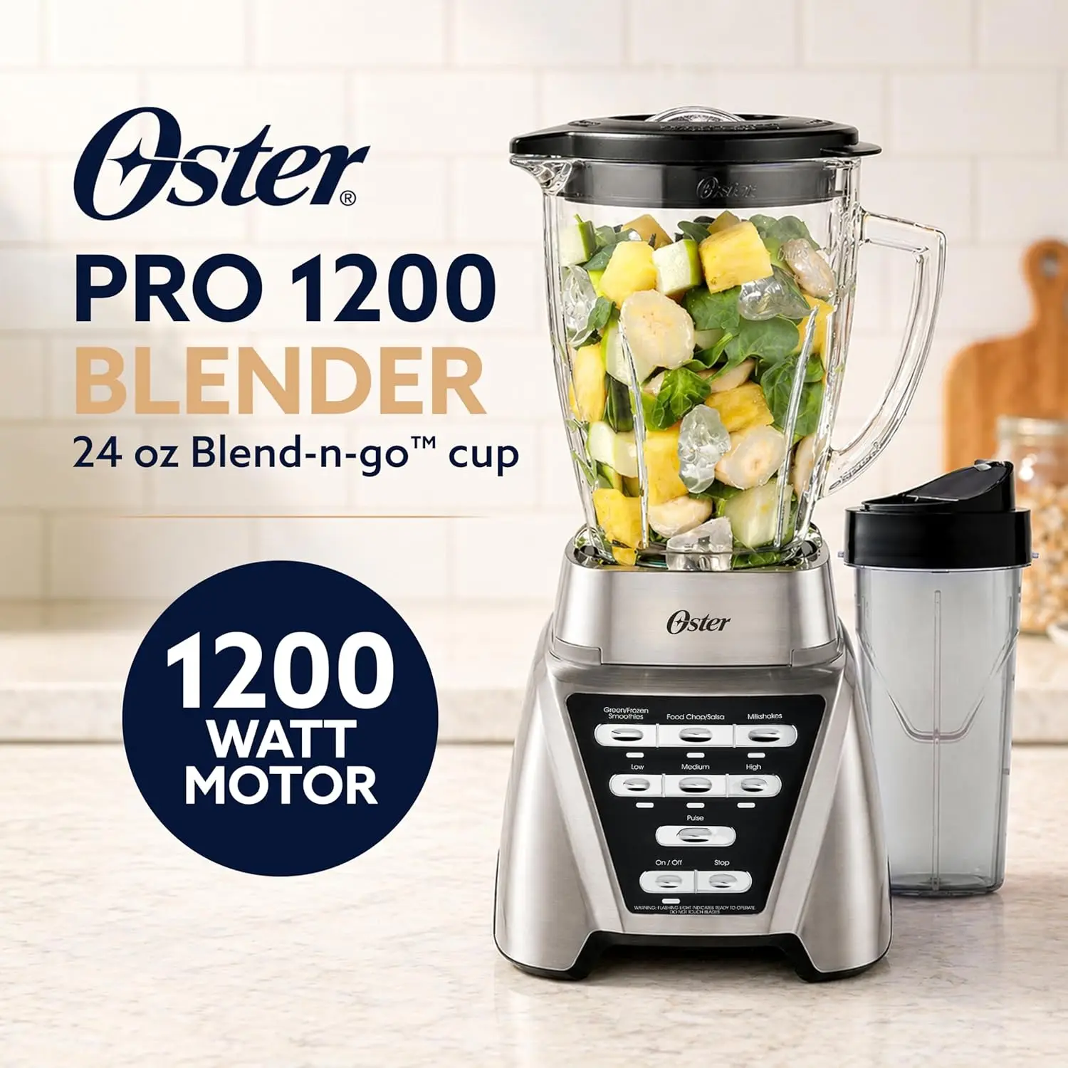 1200-Watt Smoothie Blender with Crushed Ice Capability, Brushed Nickel Finish, Includes Glass Jar & 24-Ounce Travel Cup, 7-Speed
