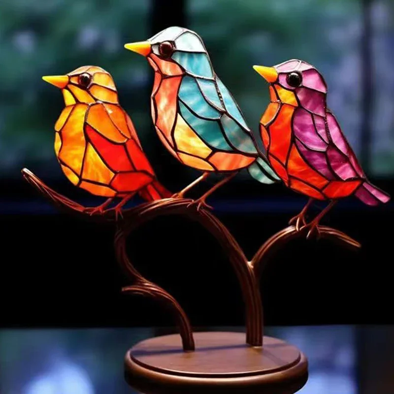 2/3/5pcs Stained Acrylic Birds Branch Desktop Ornaments, Double Sided Multicolor Style Craft Statue Ornaments Desktop Decoration