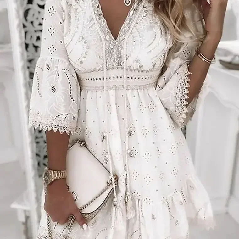 Hollow Out Summer Dress for Women Female V Neck Long Sleeve White Dresses Loose Solid Casual Women Beach Holiday Dress Vestidos