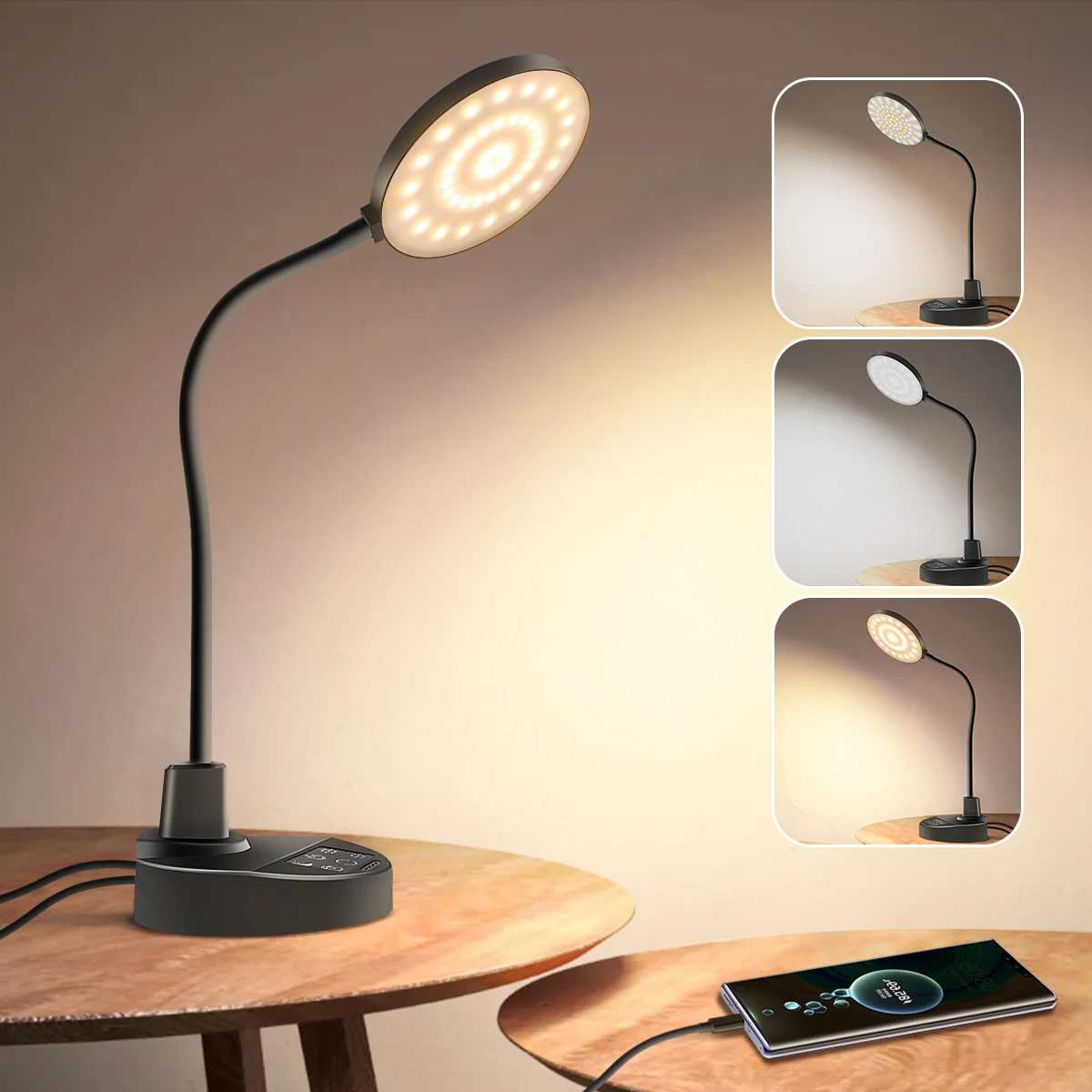 

Led Desk Lamp for Office Home Eye Caring 5 Brightness 3 Colors Flexible Adjustable Lighting USB Table Lamp for Study Drafting