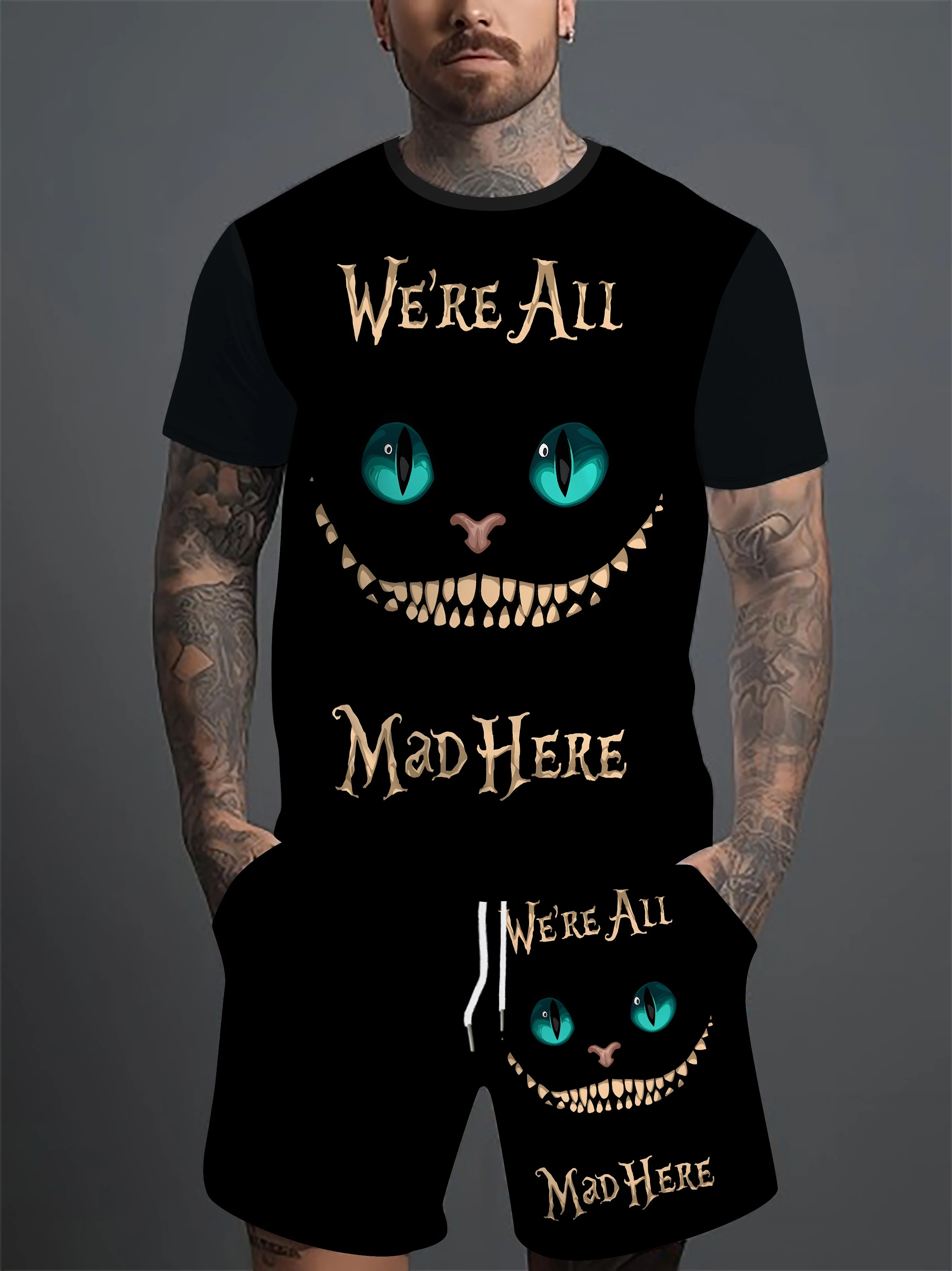 

We're All Mad Here Letter Graphic Print Men's T-shirts And Shorts Suit Mysterious Cat's Eye Men's Clothing Tracksuit Set Tees