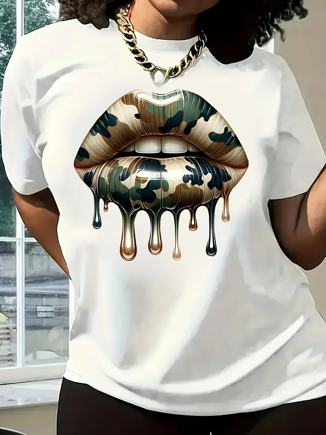 Glossy Camouflage Lips Graphic Eye Catching White Women'S T Shirt Slim Fit Casual Graphic Featuring Dripping Color Elements in Golden Blue And Black Unique And Trendy D