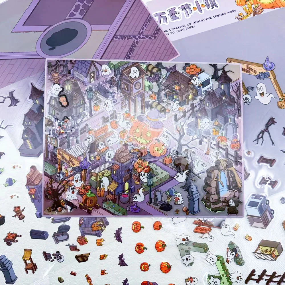 

Набор из 3 больших 3D-наклеек для создания миниатюрной сцены Хэллоуин-Таун, для самостоятельной сборки и декорирования, ПЭТ-наклейки для скрапбукинга