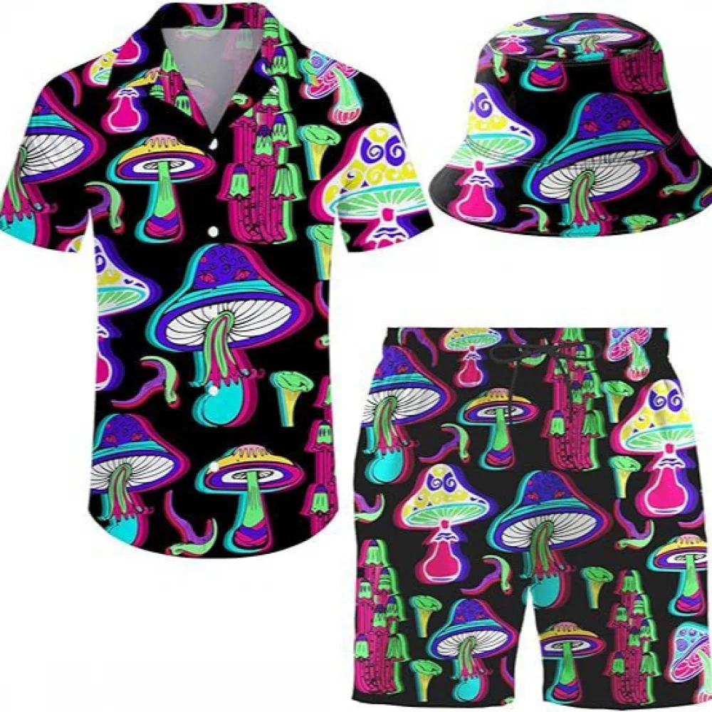 Men's 2 Pieces 80s 90s Disco Outfit Retro Shirts and Shorts Set with Hat Hawaiian Beach Tracksuits for Men Disco Party