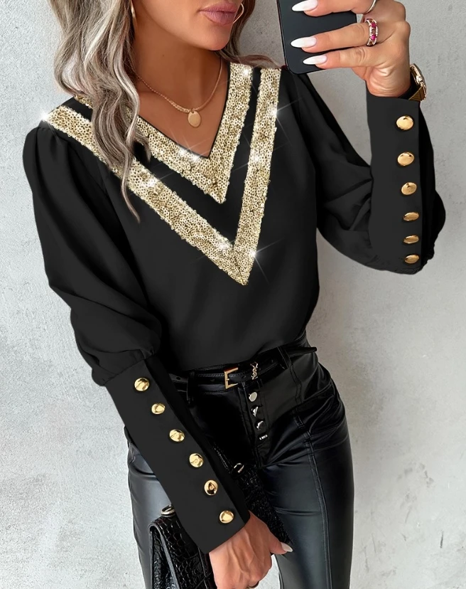 

Women's Casual Contrast Sequin Buttoned V-Neck Top Temperament Commuting Female Clothing Daily New Women Long Sleeve Blouses