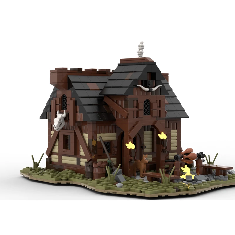 MOC Medieval Hunter`s Burrow Building Blocks Log Cabin Model Hunting Find Food Barbecue Bricks DIY Assemble Toys MOC-112418