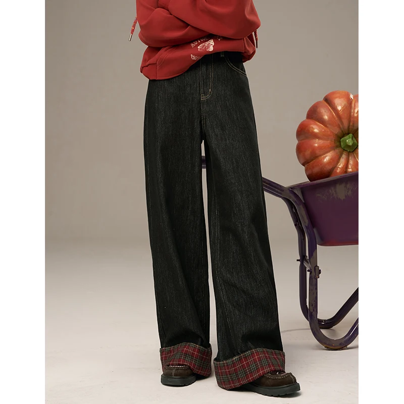 ELFSACK 2025 automne nouveautés décontracté rétro motif à carreaux Patchwork conception Demin cheville longueur pantalon pour femme