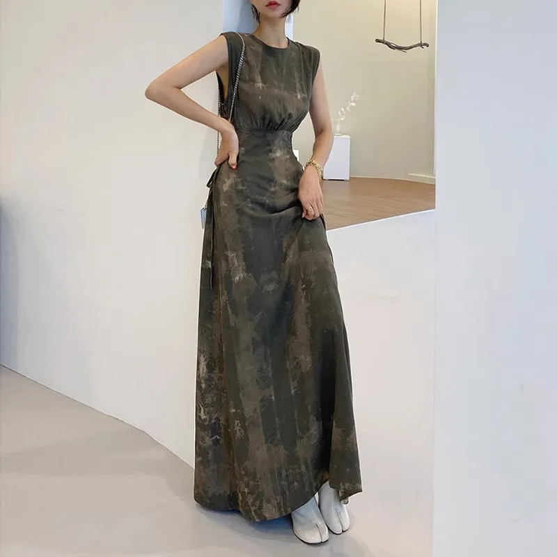 Ink Wash Printed Vest Dress For Women With A Round Neckline, Hollowed Out Waist, Elegant Long Skirt