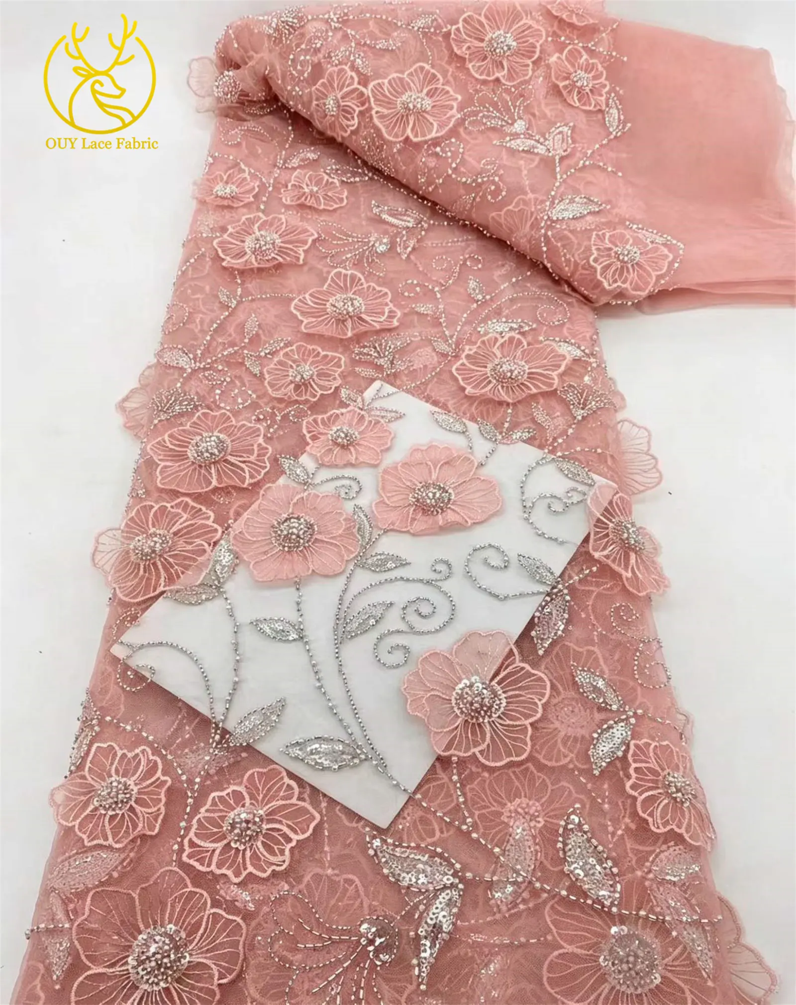 Eleganter nigerianischer 3D-Blumen-Stickerei-Spitzenstoff 2026 Hochwertiger afrikanischer Perlen-Pailletten-Spitzenstoff für Abendkleider – Detail 13