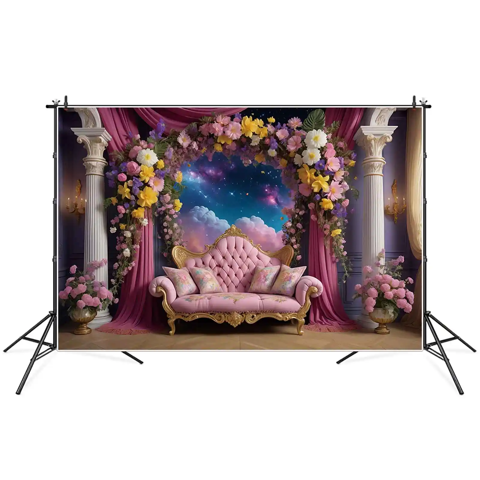 Moon.qg-女性のための花の花輪、プリンセス誕生日の背景、ビュープラットフォーム、ソファの背景、パーティーのためのカスタム写真アクセサリー