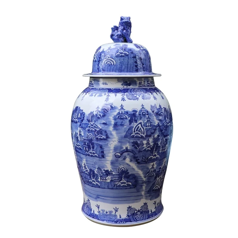 

123 Blue and White Porcelain Landscape Pattern Dog Cover Design Huge Ceramic Ginger Jar Vase