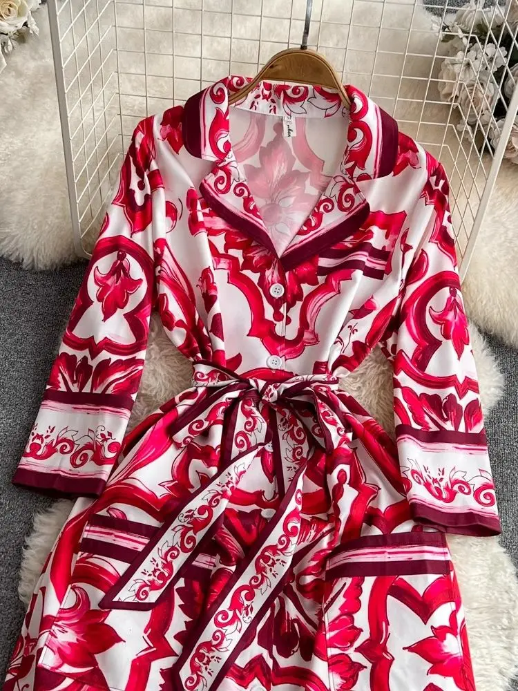 JAMERARY Autumn Fashion Red Blue And White Porcelain Print Long Dress Women Notched Single Breasted Laces Pocket Loose Vestidos