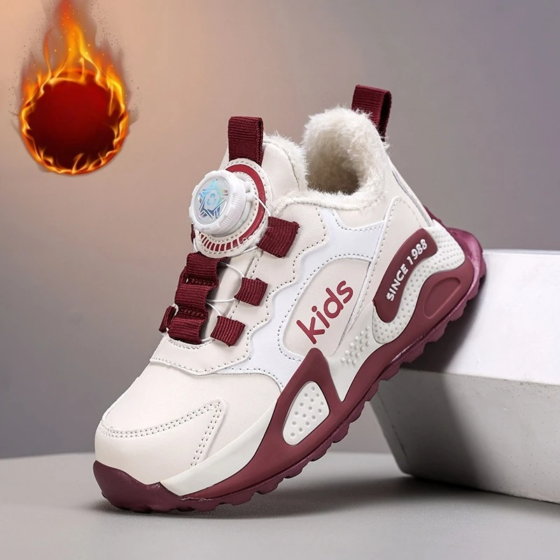 Kids Winter Warm Sneakers Boys Girls Rotary Buckle Fleece Lined Non-Slip Thick Sole Waterproof Beige Red Casual Outdoor Shoes