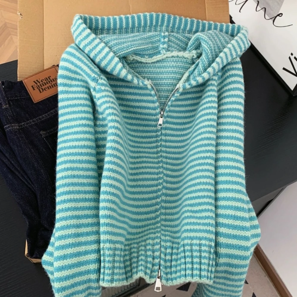 اليابانية Y2K Harajuku الساخن فتاة الرجعية التباين مخطط محبوك هوديي الخريف/الشتاء المرأة فضفاضة عادية سستة سترة ايمو #4