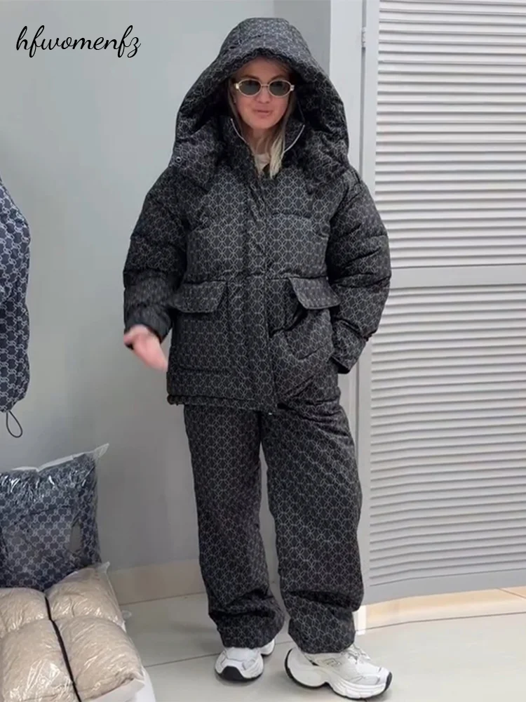 Oversized Geometric Print Women's 2 Piece Set Hooded Puffer Jacket Wide Leg Pants 2026 Fashion Thick Warm Cotton Padded Outfits