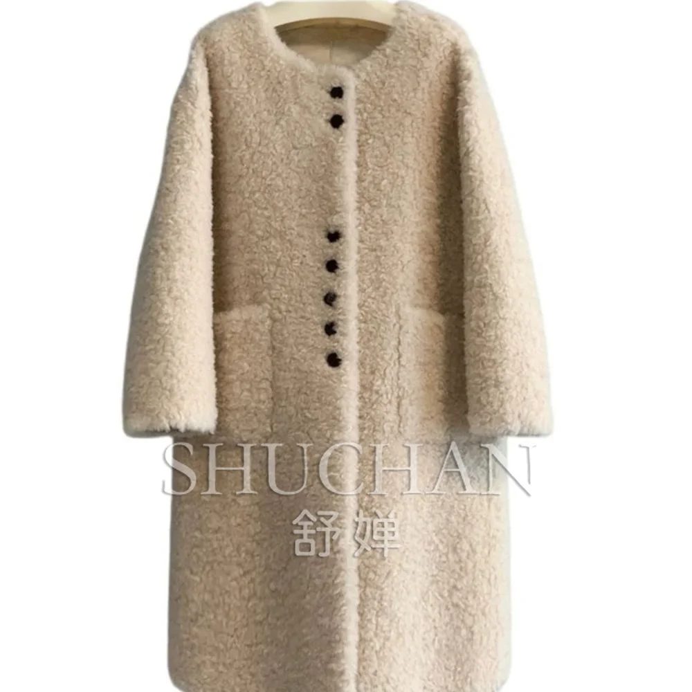 2026 winter Warm apricot 2025 winter new lamb wool coat round neck single-breasted loose long lamb shearing fur integrated thick