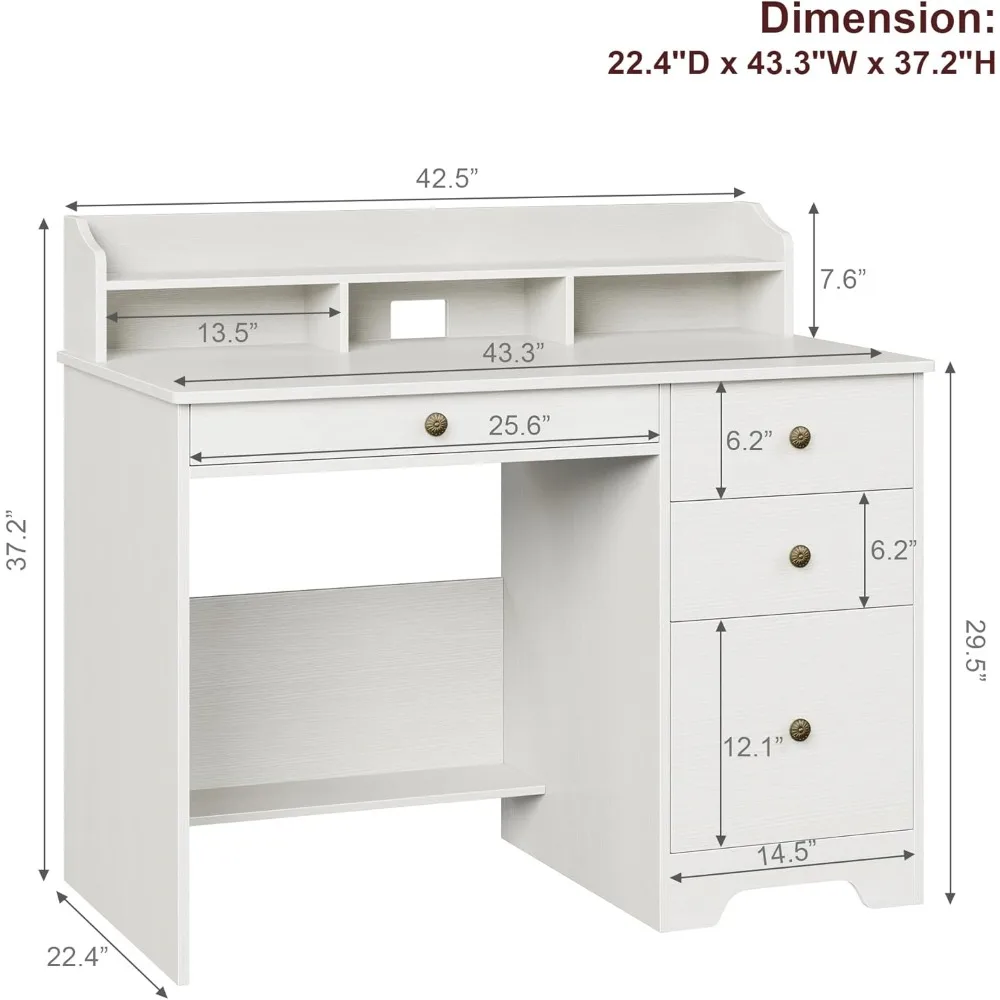 Computer Desk with Drawers and Hutch Shelf, Wood Executive Desk Writing Study Table with 43” Wide Tabletop, Small Desk wi