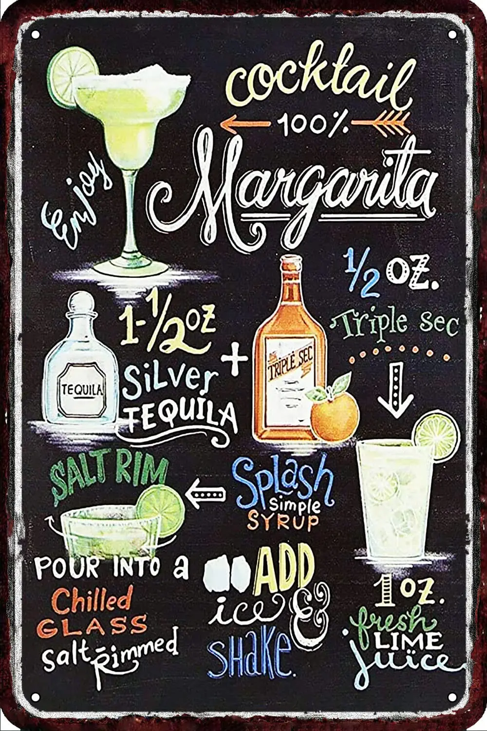 Margarita Cocktail Vintage Metal tin Sign Metal Wall Decor Retro Art Tin Sign Look  Decorations for Home Kitchen Garage Bathroom