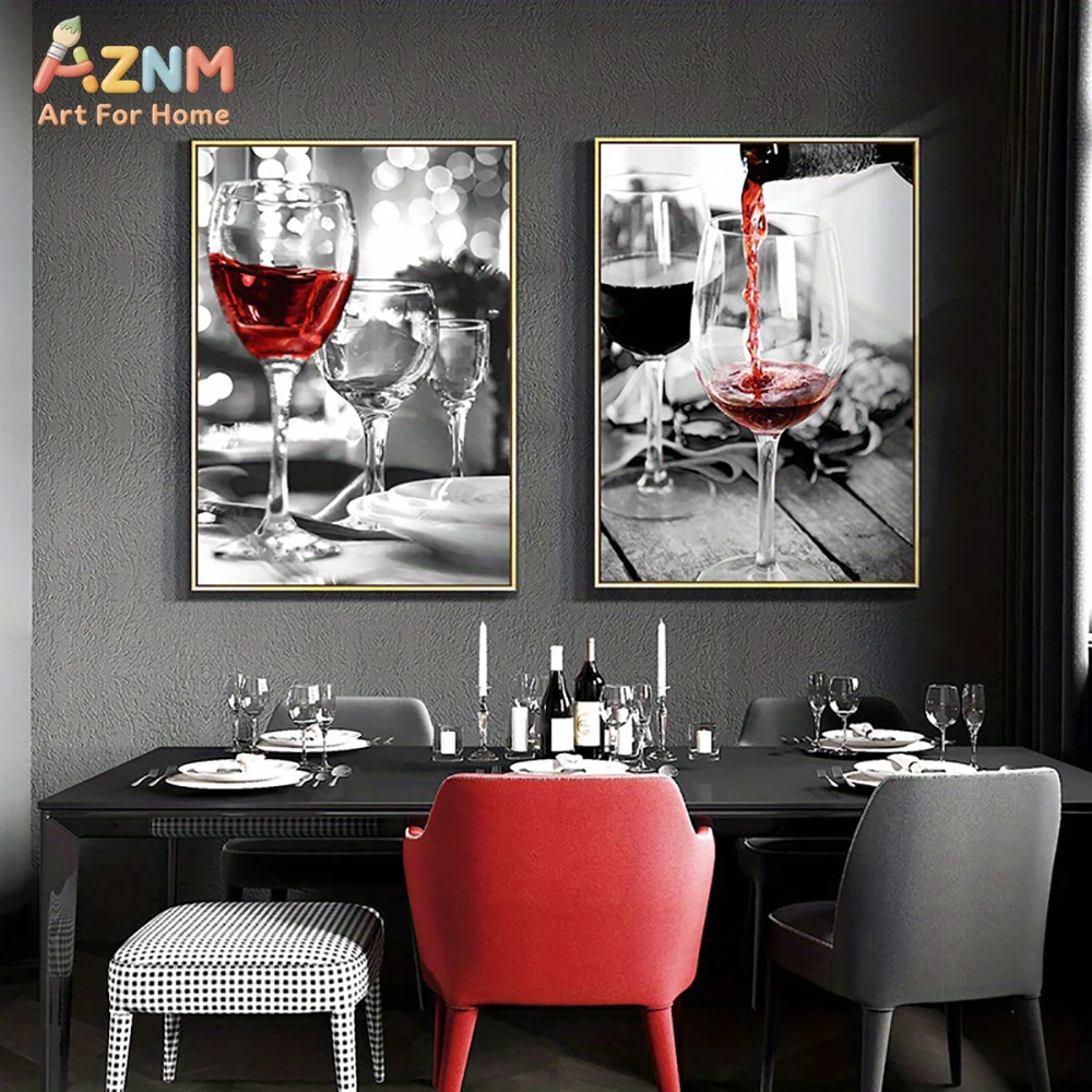 3PCS Red Wine Glass Black White Canvas Wall Art Set Modern Kitchen Bar Prints Unframed Home Decor Posters