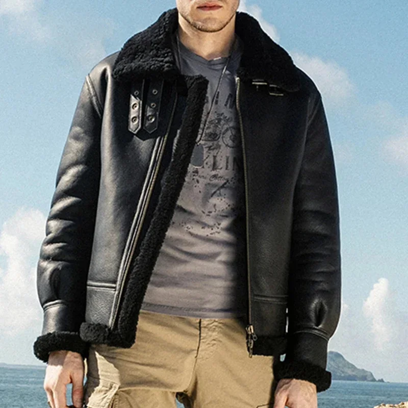 2025 Male Sheepskin Winter Aviator Genuine Leather Jacket Men's Bomber Flight Woolen Jackets Heavy Biker Parkas With Natural Fur