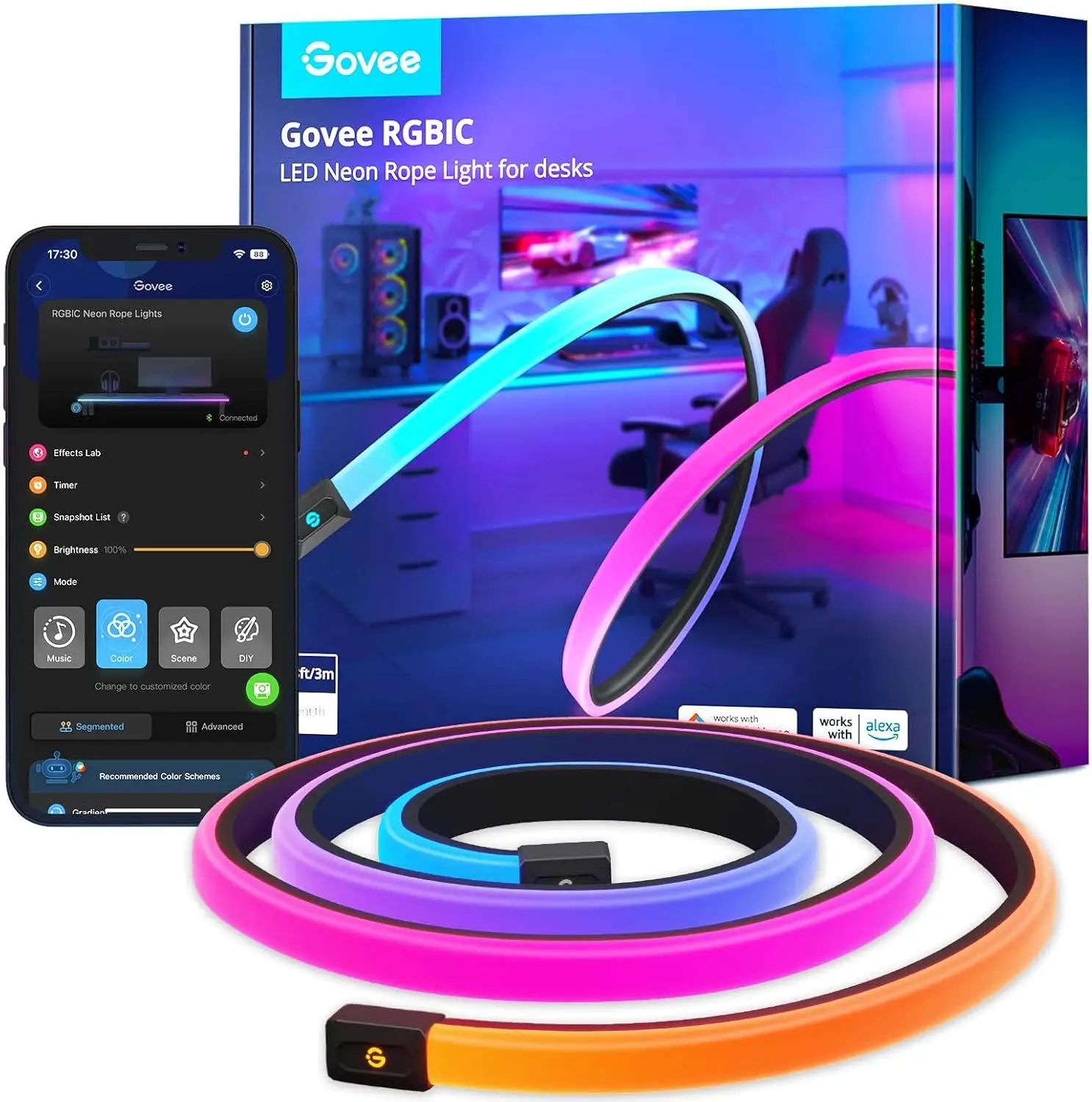 

10-футовые неоновые RGBIC-ленты для игровых столов, синхронизация с Razer Chroma, управление через смарт-приложение, синхронизация с музыкой, Wi-Fi адаптер