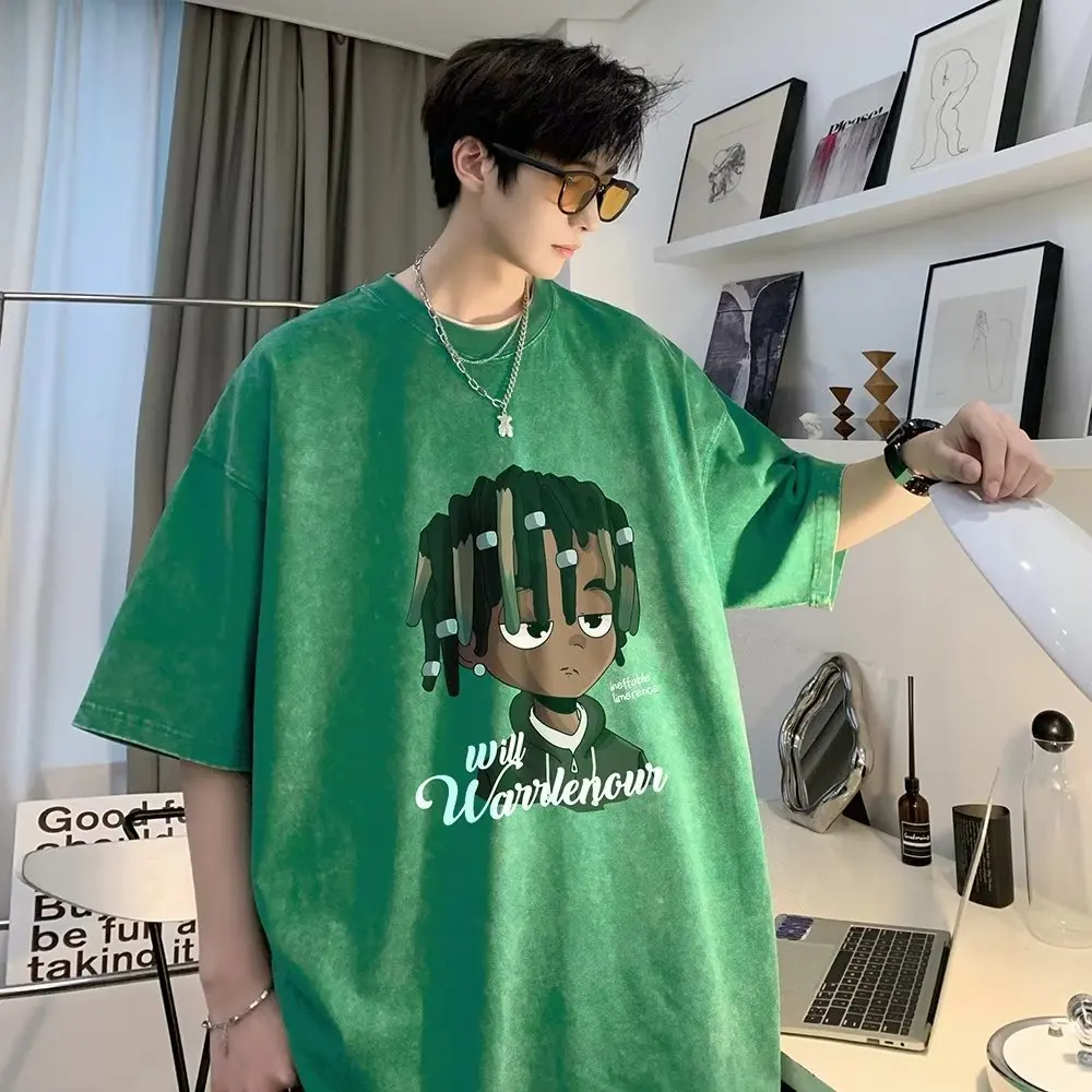 Short Sleeved T-Shirt For Men's Summer American Style Pure Cotton Washed And Distressed Ruffian And Handsome Large Half Sleeves