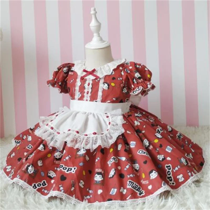 

Spanish child loli vintage short-sleeved princess dress tulle lace cotton girl dress red