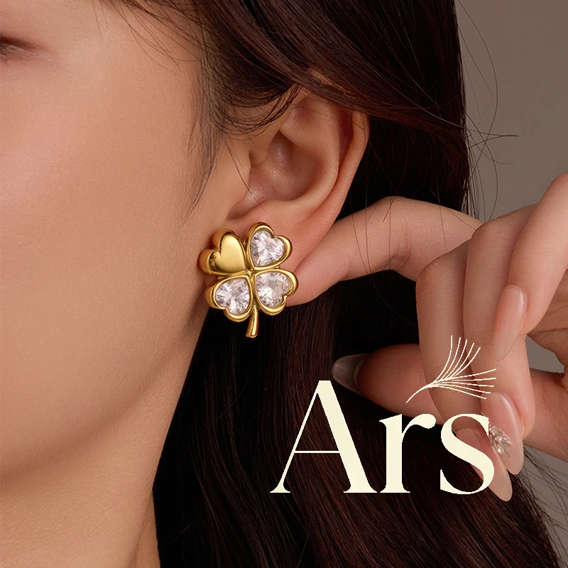 Ars 18k Gold Plated Four-Leaf Clover Stud Earrings Stainless Steel Earring with Zircon Dainty Everyday Earrings Gift for Women