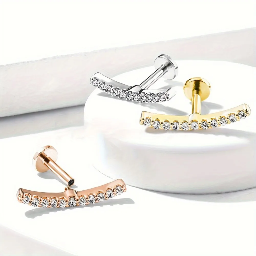 1Pc G23 Titanium Zirconia Piercing Jewelry for Lip Stud Nose Ears Rectangular Line Design Internal Threaded Ear Accessories