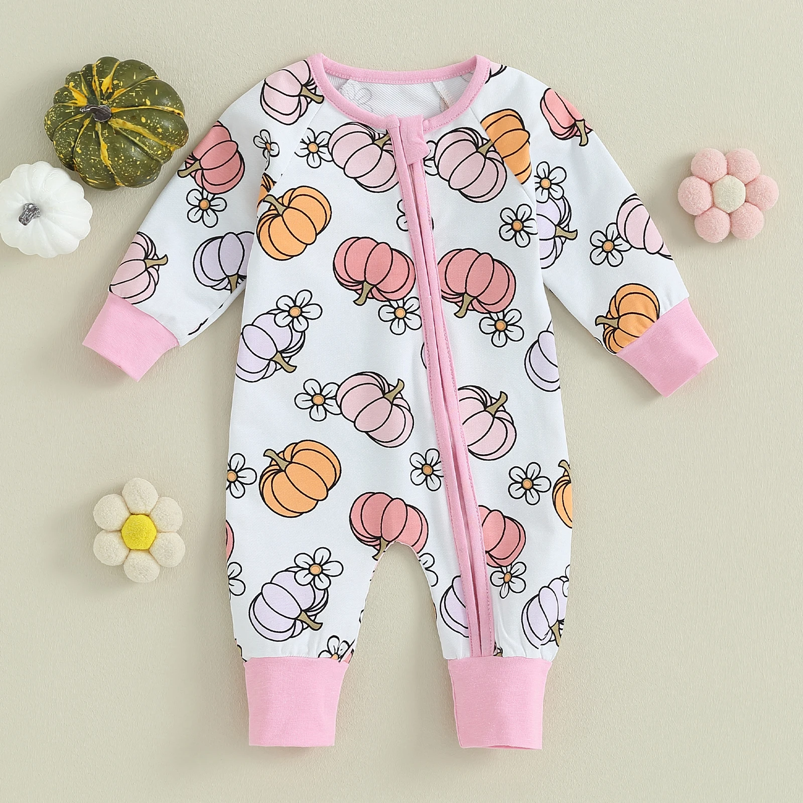 

BeQeuewll Baby Girls Halloween New Style Romper Long Sleeve Floral Pumpkin Print Oblique Zipper Jumpsuit For 0-12 Months