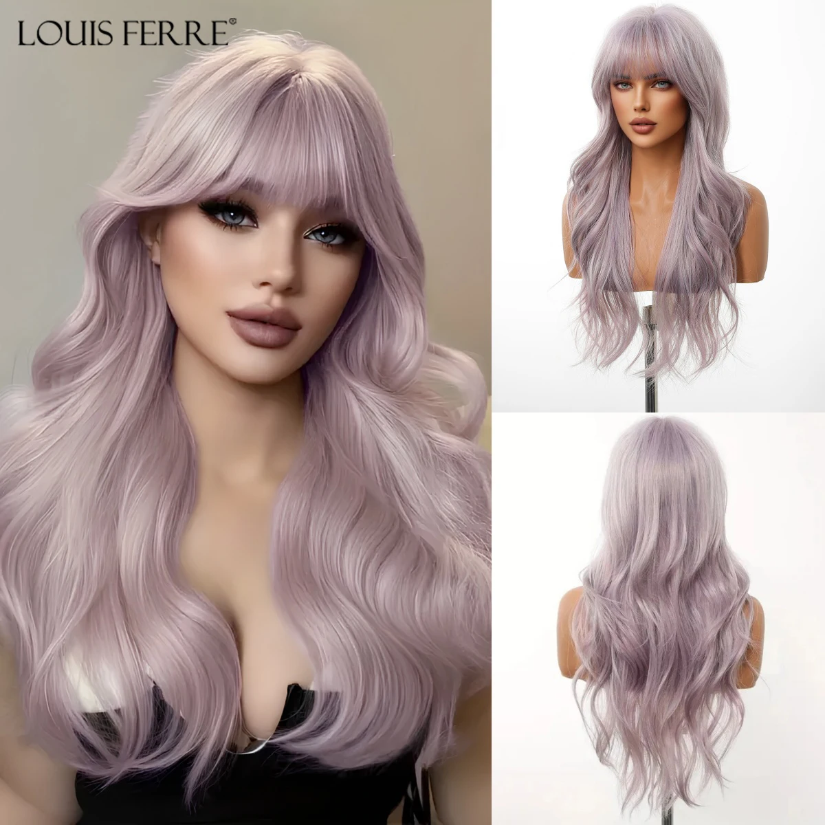LOUIS FERRE Light Purple Party Cosplay Wigs For Women Long Wavy Curly Synthetic Fake Hair Natural Looking Heat Resistant Fiber