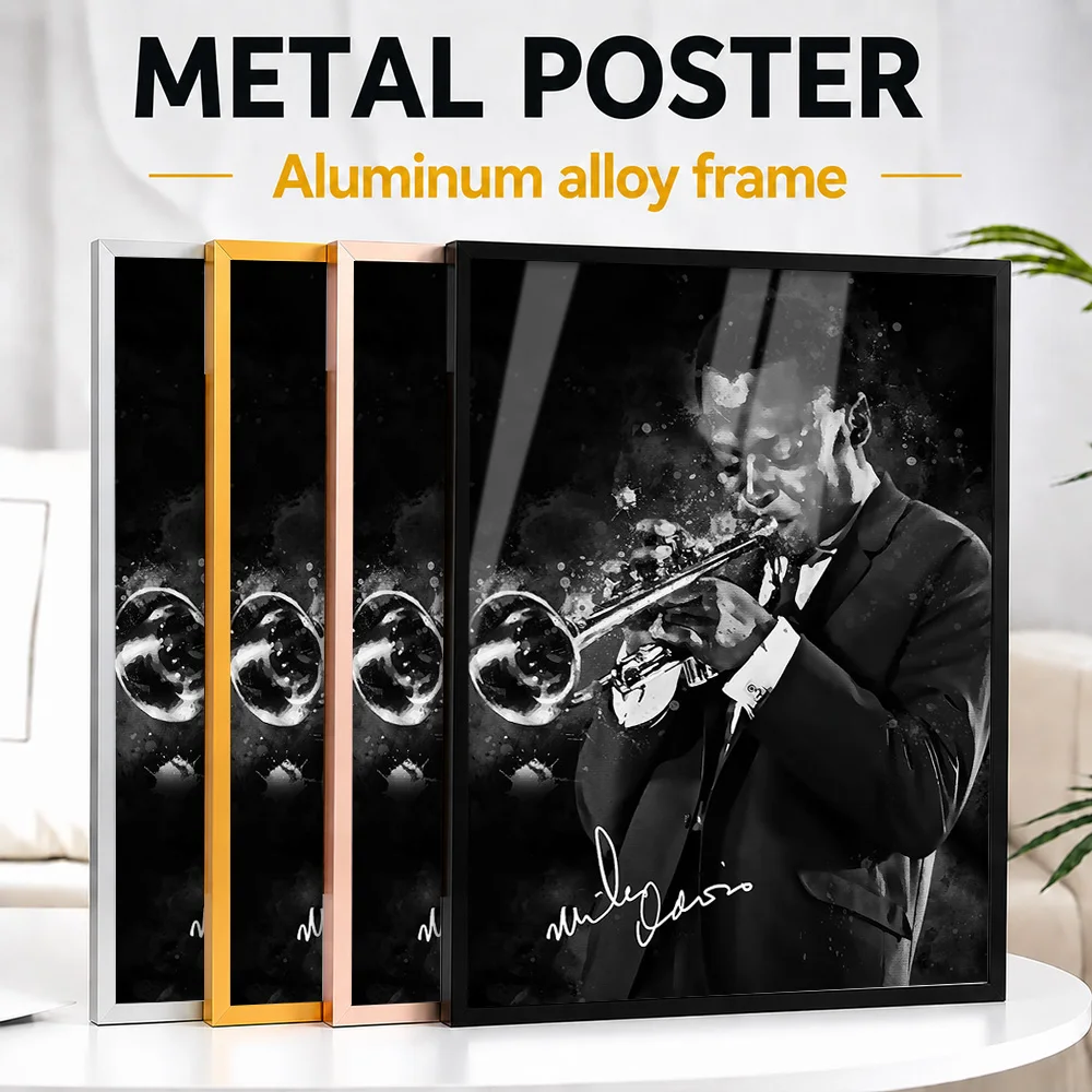 Miles Davis Playing Trumpet Framed Metal Print Customized Photo Retro Record Style Wall Art For Music Room Ideal Birthday Gift