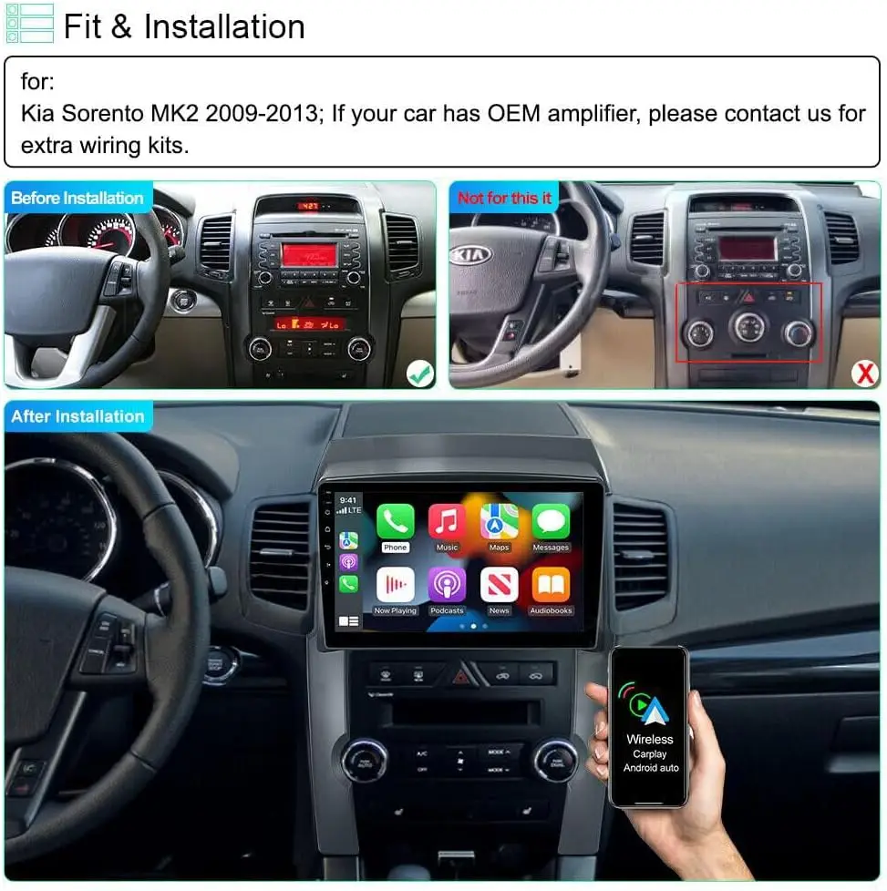 ستيريو سيارة 10 بوصة مع CarPlay Android Auto لكيا سورينتو 2011-2012، Double Din، Android 13.0، WiFi GPS، Bluetooth، Backup Ca #3