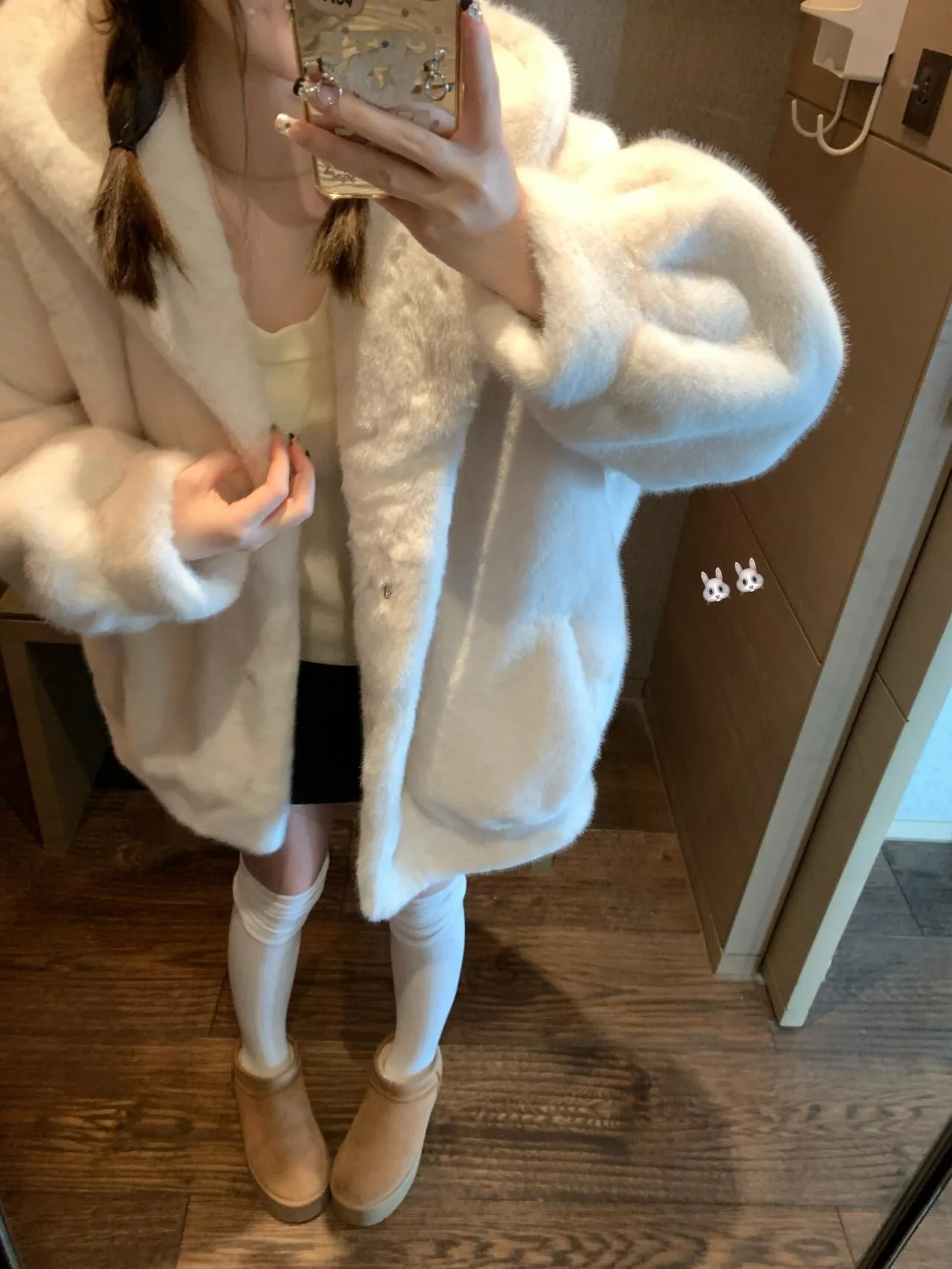 Morbido e soffice vestibilità ampia con cappuccio dimagrante caldo pelliccia sintetica azzurro anti-età cappello ecologico Jaet cappotto invernale