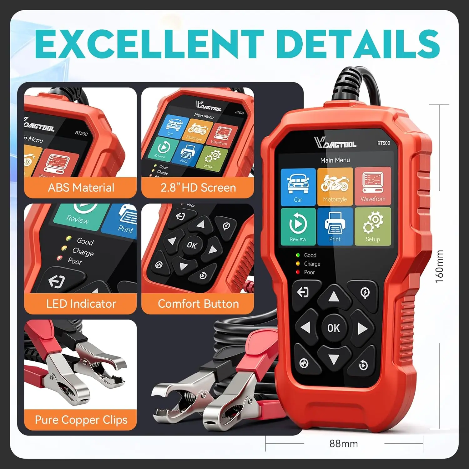 VDIAGTOOL BT500 12V/24V Battery Tester Car Digital Automotive Diagnostic Battery Tester Analyzer Vehicle Cranking Charging Tool