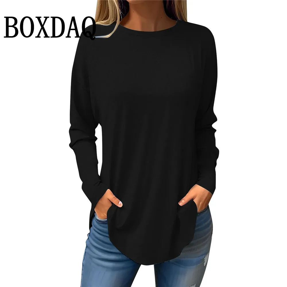 

Women's Long Sleeve T-Shirt Autumn Winter Trend Solid Color Loose Tees Shirt Fashion Casual Simple Round Neck Tops Women Clothes