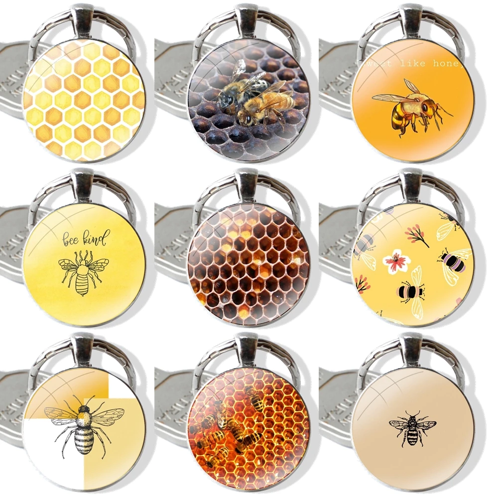 Fashion Cartoon Creative Design Keychain Handmade Glass Cabochon Key Ring Holder Pendant Key Chains honeycomb bee