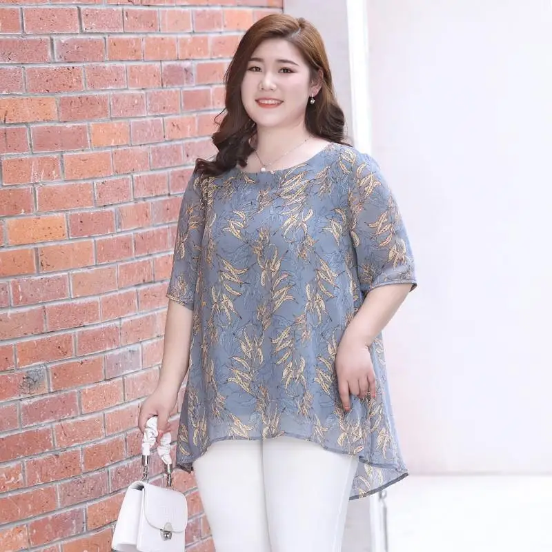 

90-220 Pounds Plus Size Loose Short Sleeved Chiffon Shirt for Women's Summer New Medium Length Slimming and Belly Covering Top