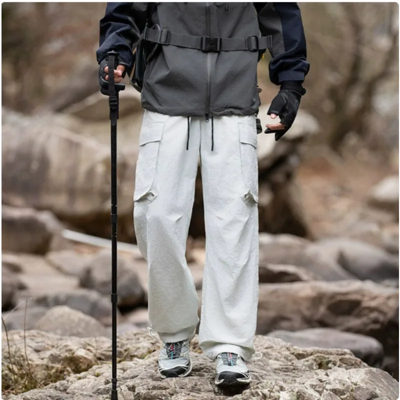 

Big Pocket Outdoor Sports Pants Men Summer Casual Loose Straight Pants Drawstring Elastic Waist Pants for Man