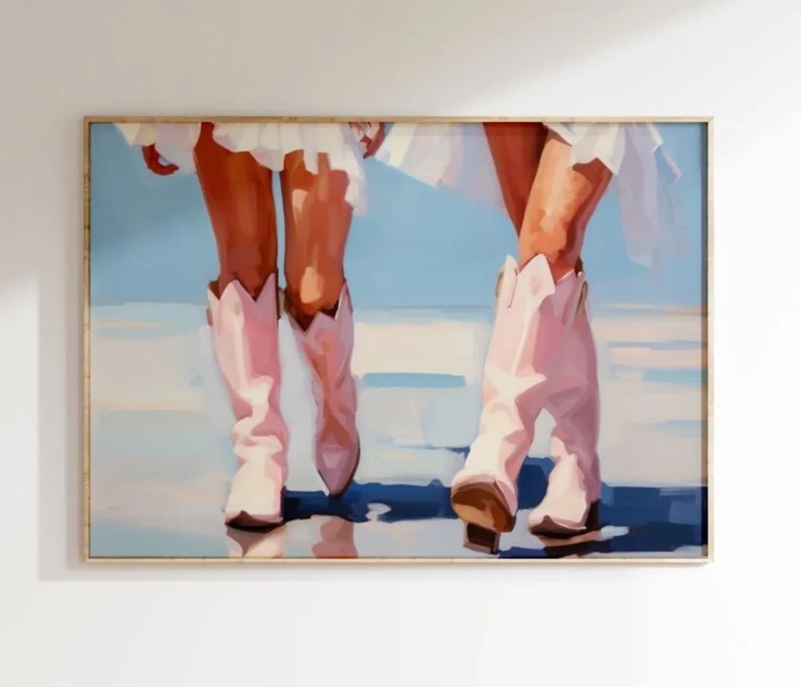 Coastal Cowgirl Poster,boots Fashion,dormitory Wall Art Decoration,girly Aesthetics Blue Pink Frameless Canvas Painting