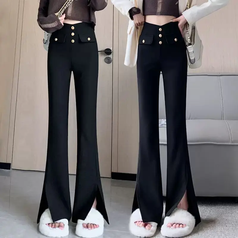 

2024 New Spring Autumn Women Fashion High Waist Slim Trousers Female Solid Color Suit Pant Ladies Long Buttons Flared Pants Y751