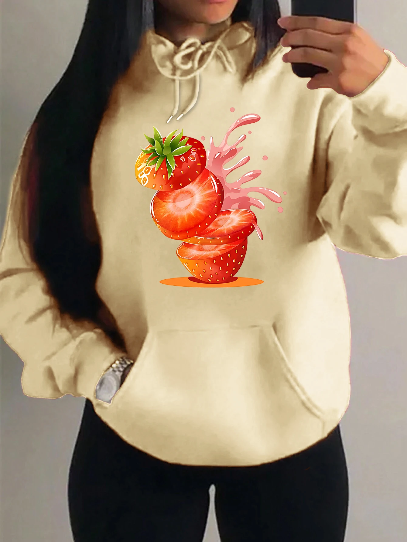 

Creative Strawberry Juice Design Printed Hoody Women Hip Hop Creativity Pullovers Pocket Streetwear Fashion Casual Hoodie Unisex