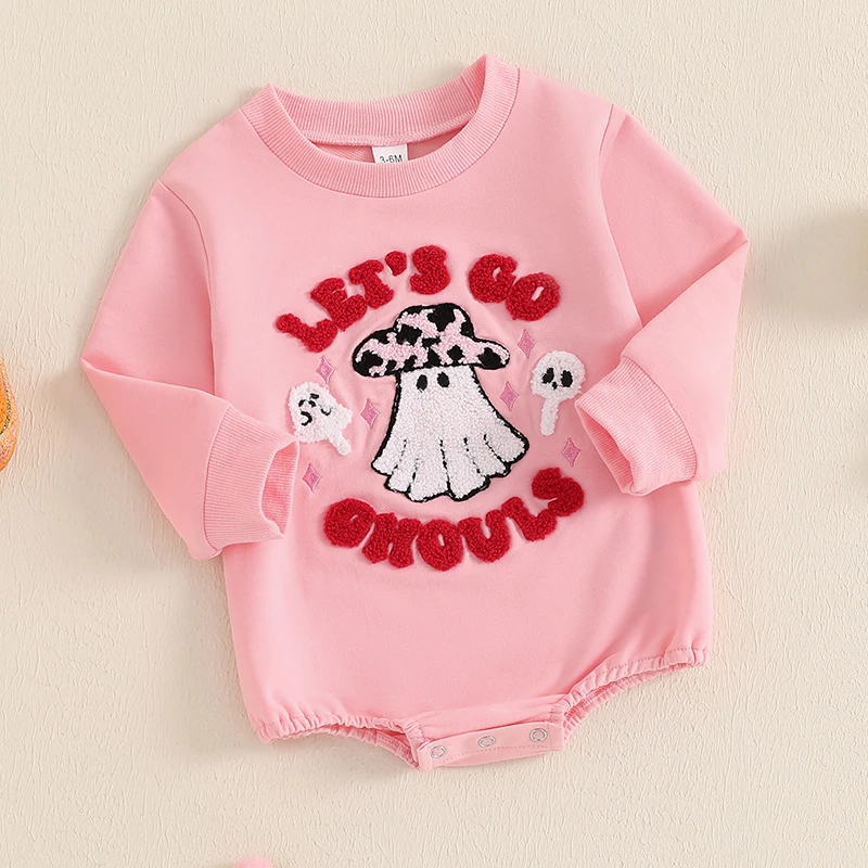 Mamelucos de Halloween para niñas pequeñas, monos de algodón con letras de fantasma, Patchwork bordado, manga larga, cuello redondo, monos de otoño, 0-12M