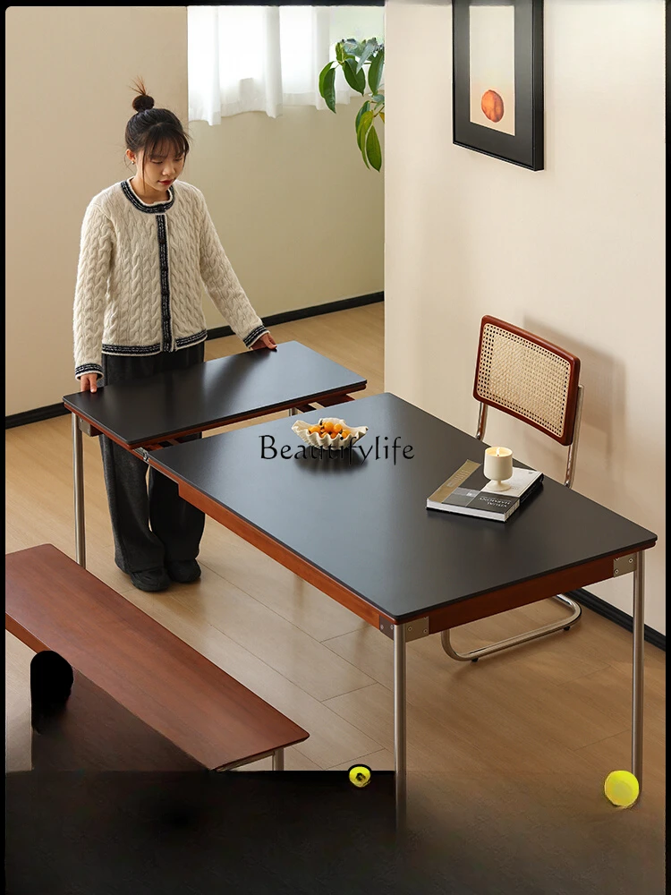 Nordic Japanese retractable rock slab dining table Solid wood foldable small apartment dining table