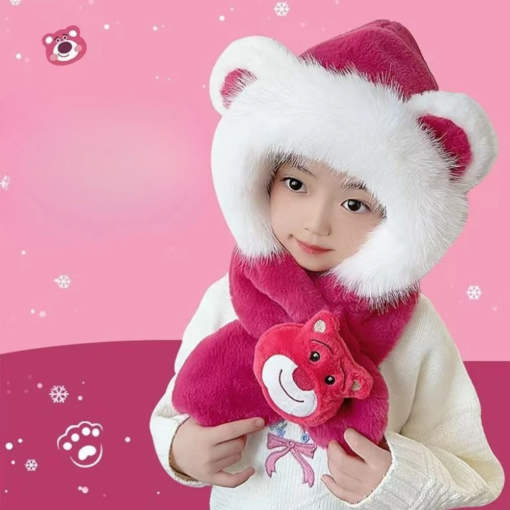 ديزني الأطفال الشتاء قبعة ووشاح مجموعة الوردي الفراولة الدب يندبروف غطاء للأذنين أنيق قبعة تزلج دافئة قطعتين مجموعة MINISO #6