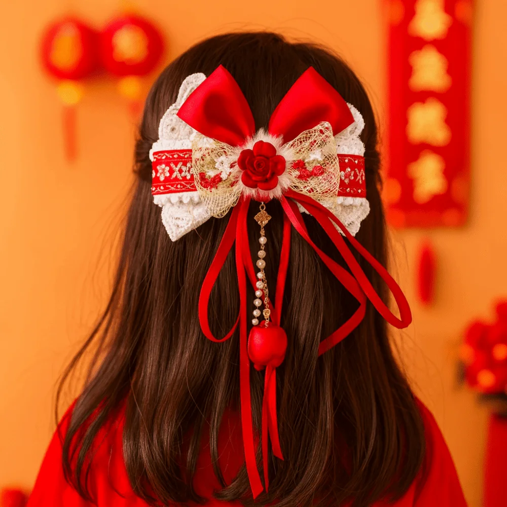 

Cute Red Bow Ribbon Hair Clip Flower Plush New Year Hairpin Pompom Princess Hanfu Hair Ornamen Home