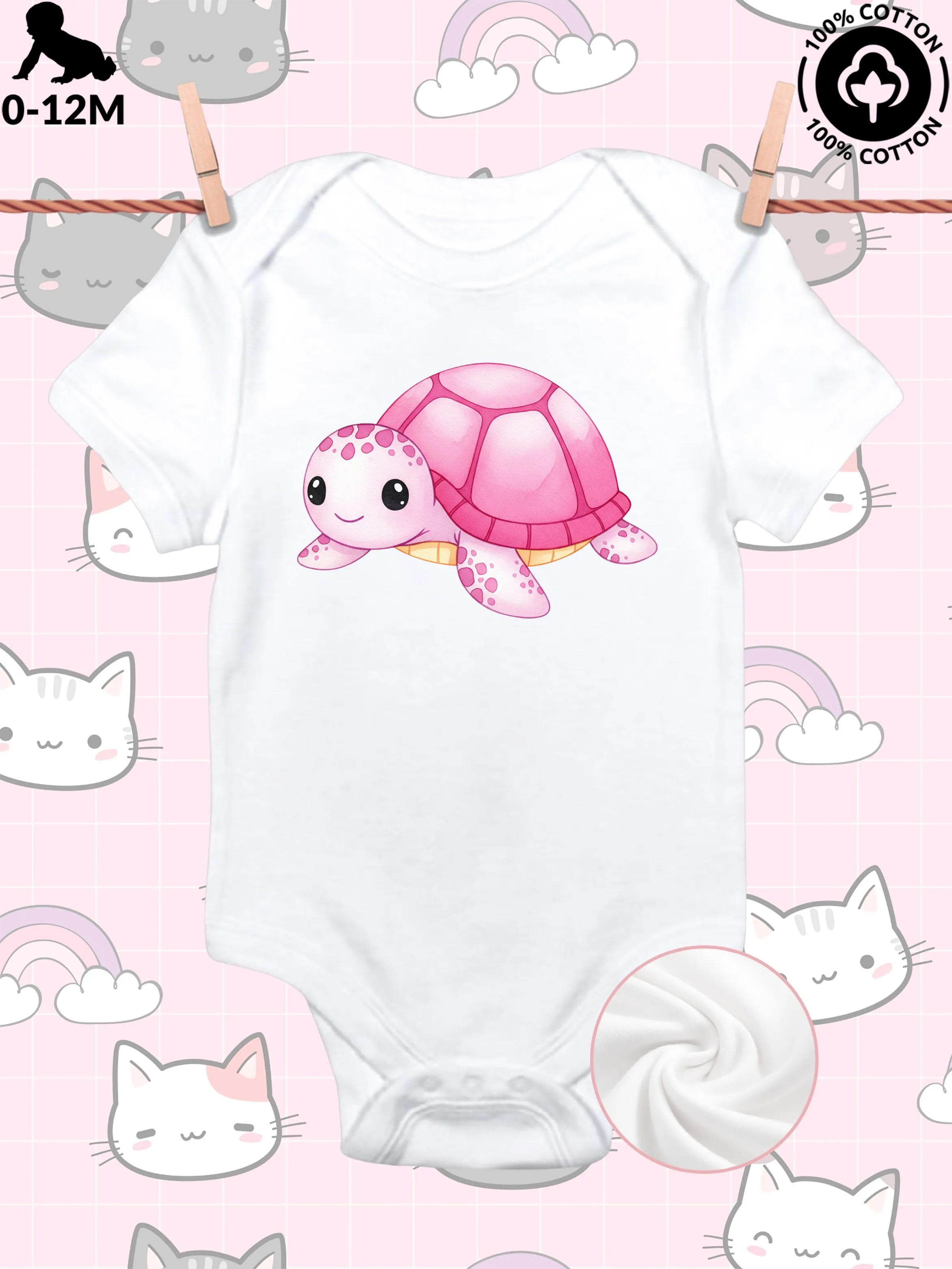 

Little Pink Sea Turtle Unisex Baby Crawling Suit, Pure Cotton Soft Onesie, All-Season Wear White Bodysuit 190GSM