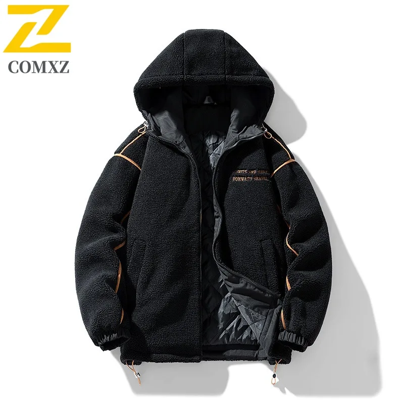 COMXZ Giacca in pile da uomo 2025 Giacca giapponese con cappuccio tinta unita calda da sci per il tempo libero Giacca da pane Passeggiata quotidiana Cappotto imbottito ampio taglie forti